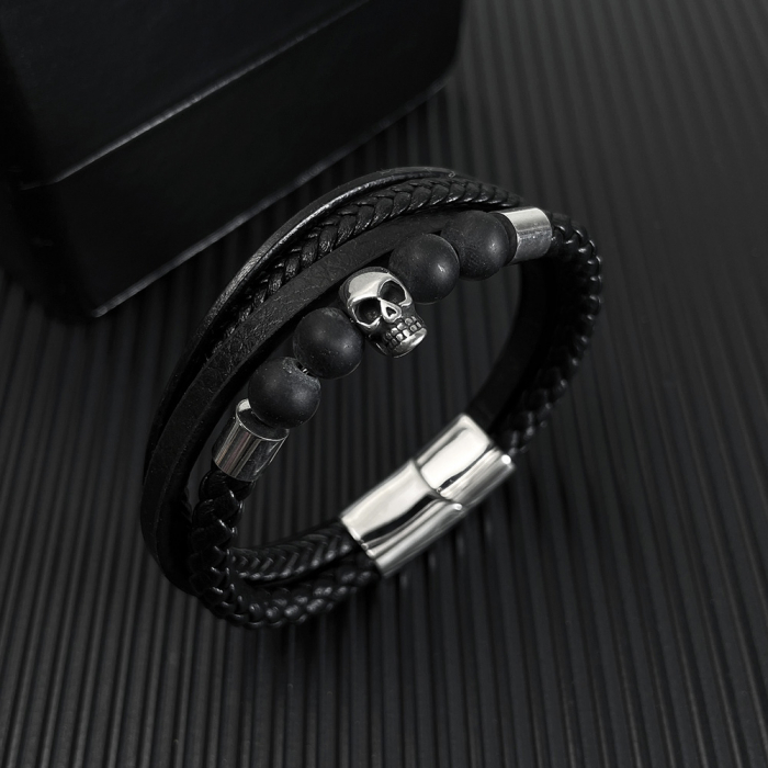 Bratara inox, piele, craniu si bazalt [14]