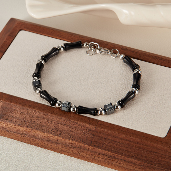 Bratara inox reglabila Bambus Negru cu Onix si Hematite [14]