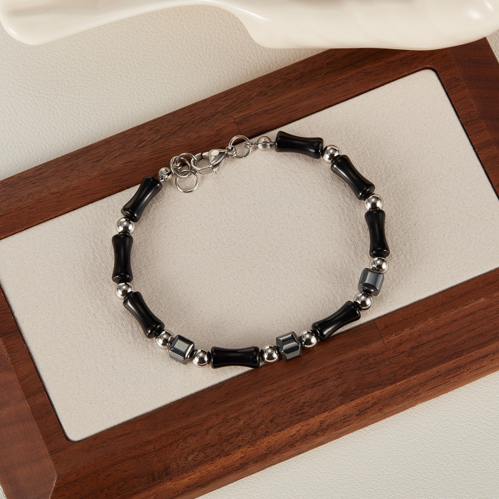 Bratara inox reglabila Bambus Negru cu Onix si Hematite [10]