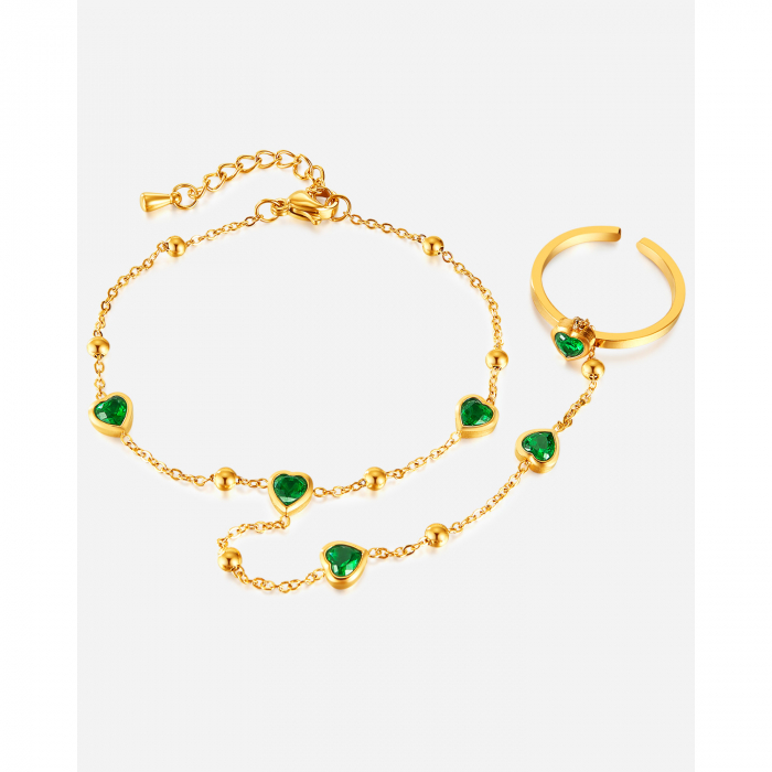 Bratara inox reglabila cu inel si inimioare de zirconii verzi [8]