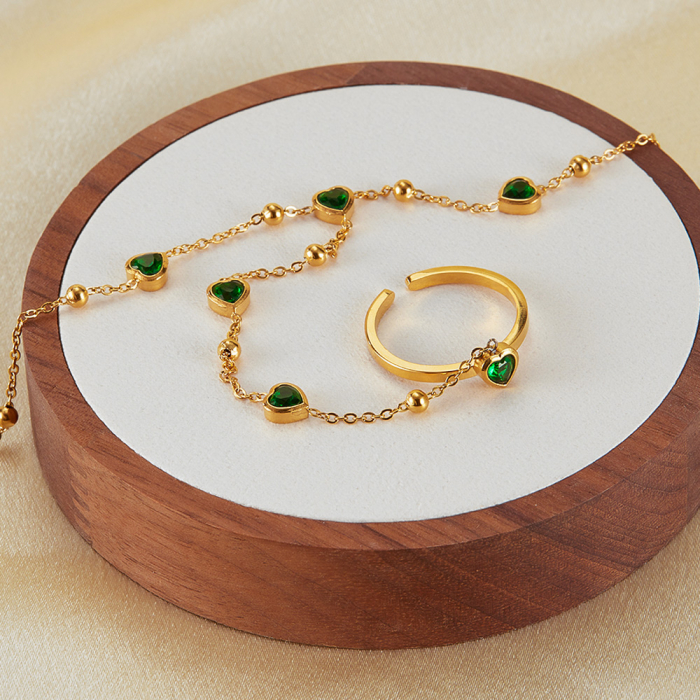 Bratara inox reglabila cu inel si inimioare de zirconii verzi [2]