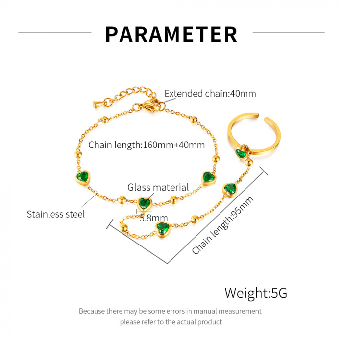 Bratara inox reglabila cu inel si inimioare de zirconii verzi [13]