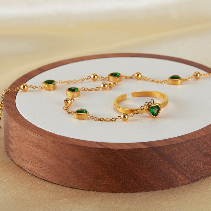 Bratara inox reglabila cu inel si inimioare de zirconii verzi [5]