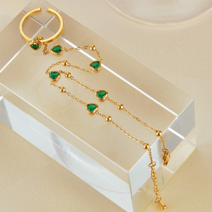 Bratara inox reglabila cu inel si inimioare de zirconii verzi [14]