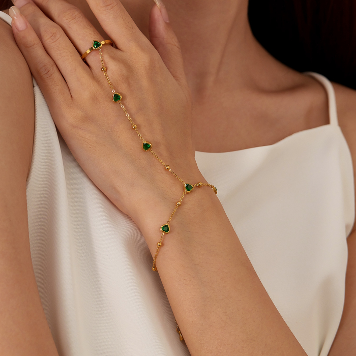 Bratara inox reglabila cu inel si inimioare de zirconii verzi [11]