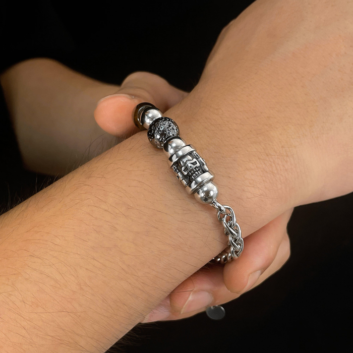 Bratara inox reglabila cu ochi de tigru si cranii [14]