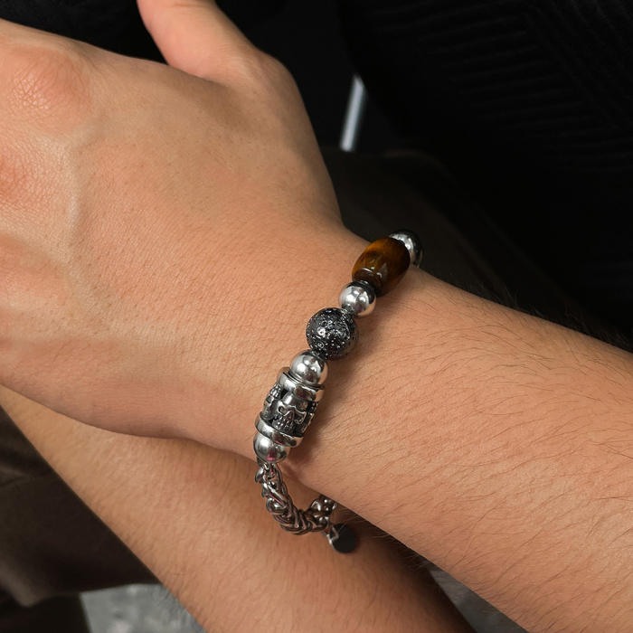 Bratara inox reglabila cu ochi de tigru si cranii [5]