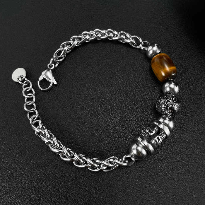 Bratara inox reglabila cu ochi de tigru si cranii [13]