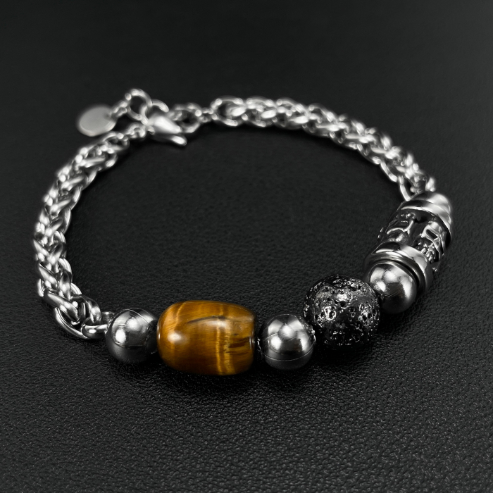 Bratara inox reglabila cu ochi de tigru si cranii [11]