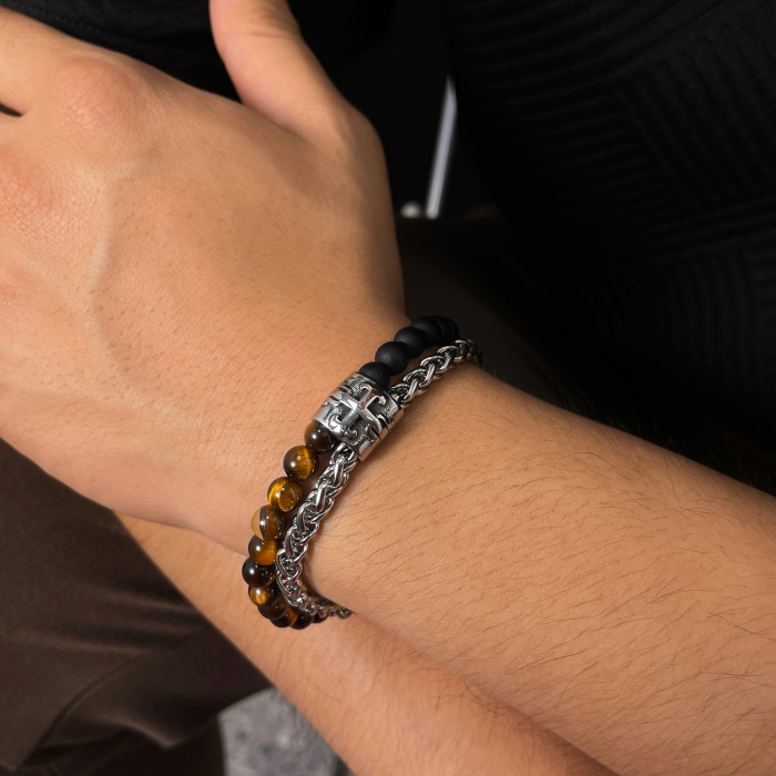 Bratara inox reglabila Unisex cu Ochi de Tigru si Roca Vulcanica [13]
