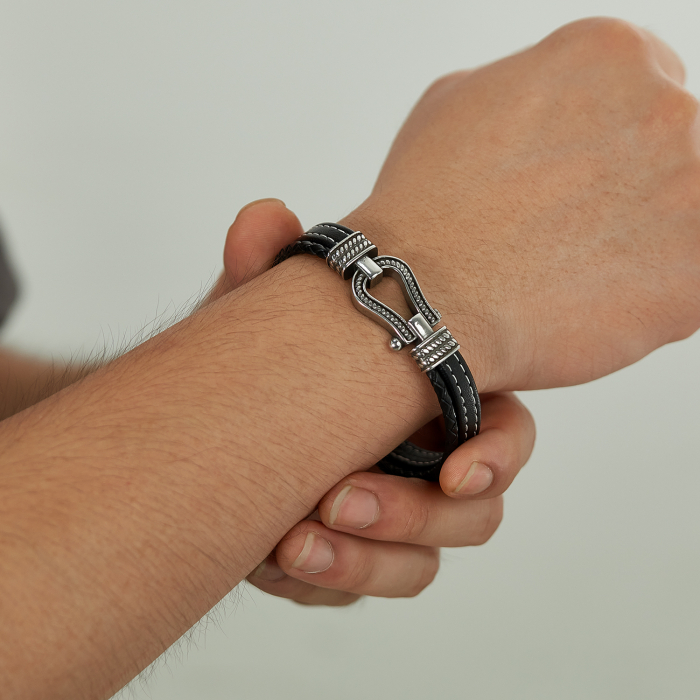 Bratara inox si piele cu potcoava norocoasa [4]
