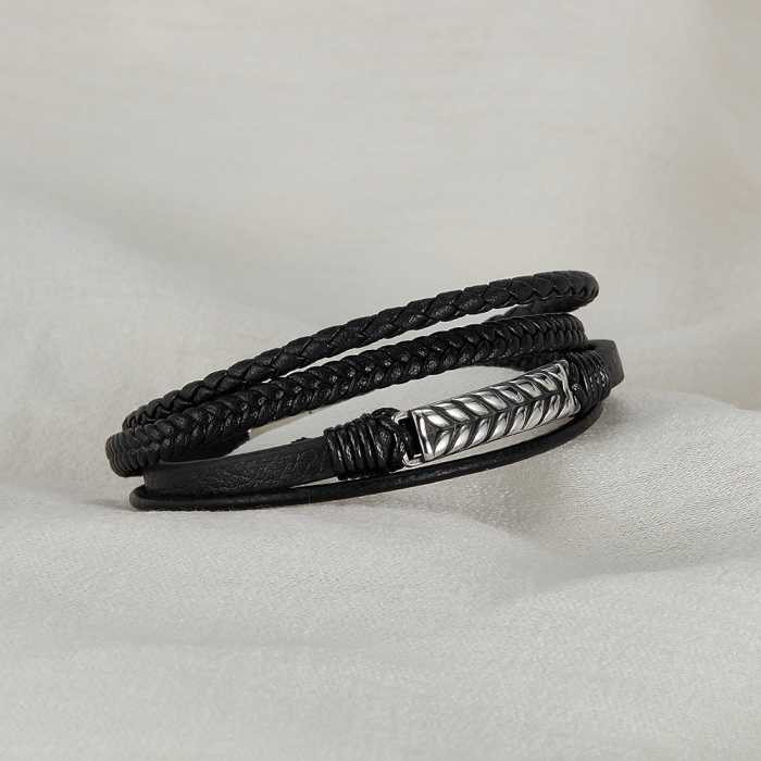 Bratara inox si piele impletita cu placuta spic [5]