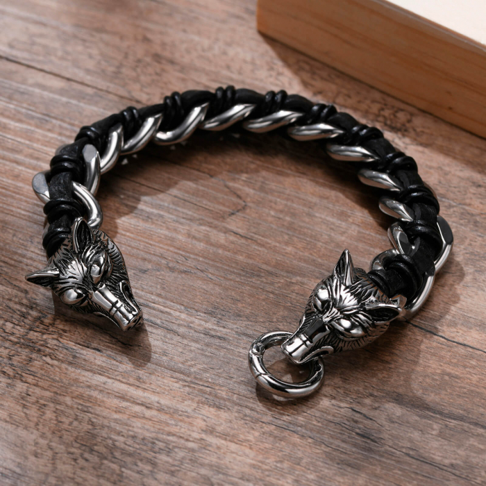Bratara inox si piele naturala cu capete de lupi [4]