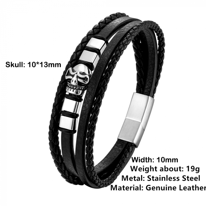 Bratara neagra din piele naturala cu craniu inox negru [3]