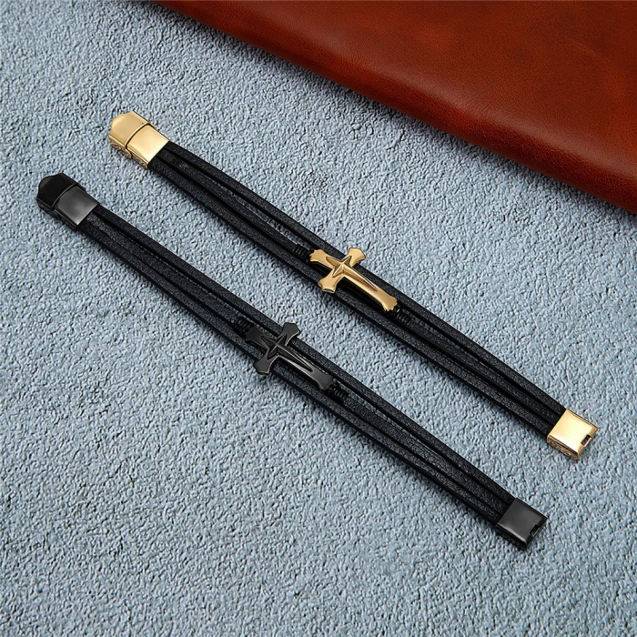 Bratara neagra din piele naturala cu cruce inox [4]