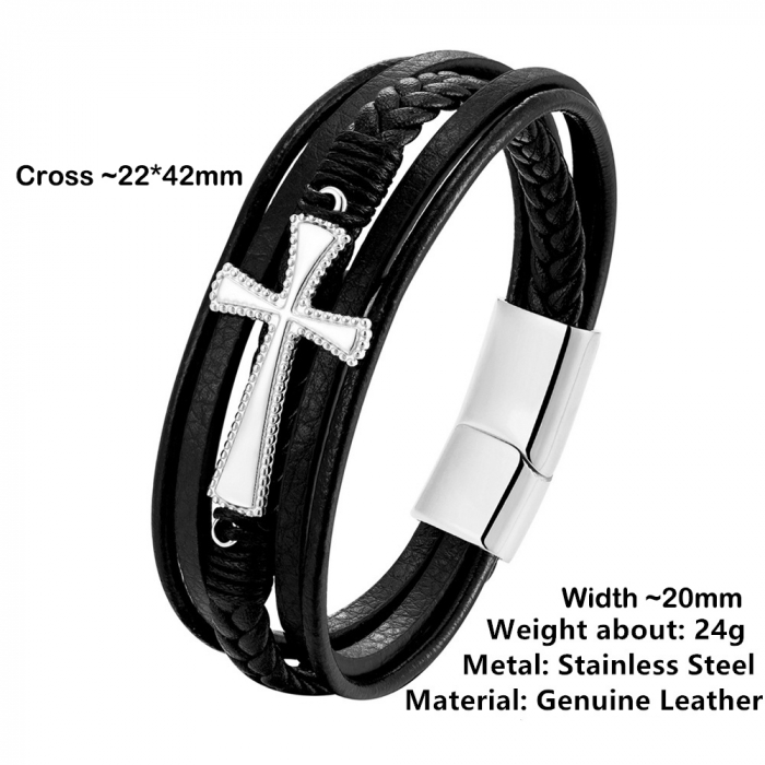 Bratara neagra din piele naturala cu cruce si inchizatoare din inox [3]