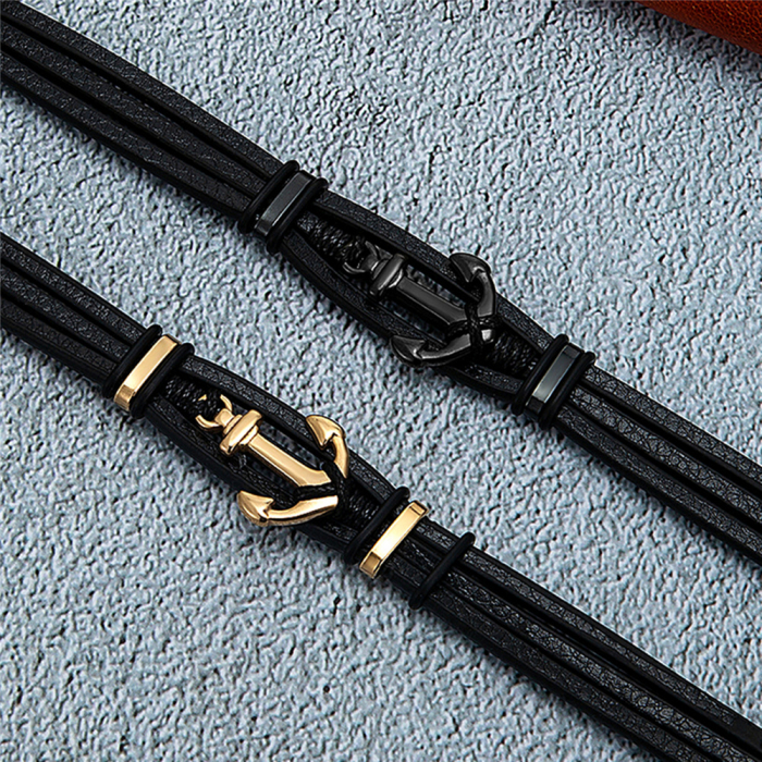 Bratara neagra din piele naturala cu ancora si inchizatoare din inox [5]