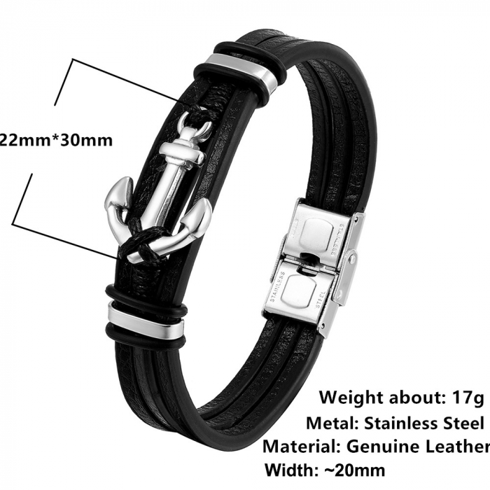 Bratara neagra din piele naturala cu ancora si inchizatoare din inox [2]