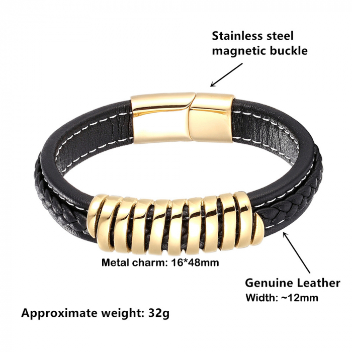 Bratara neagra din piele naturala cu element si inchizatoare din inox auriu [4]