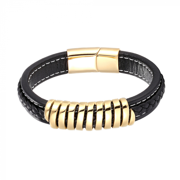 Bratara neagra din piele naturala cu element si inchizatoare din inox auriu [3]