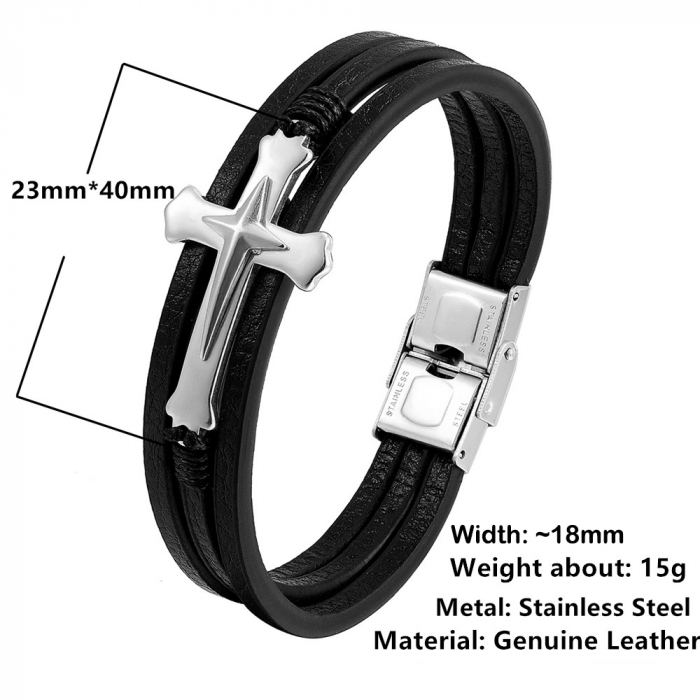 Bratara neagra din piele naturala cu cruce inox negru [4]