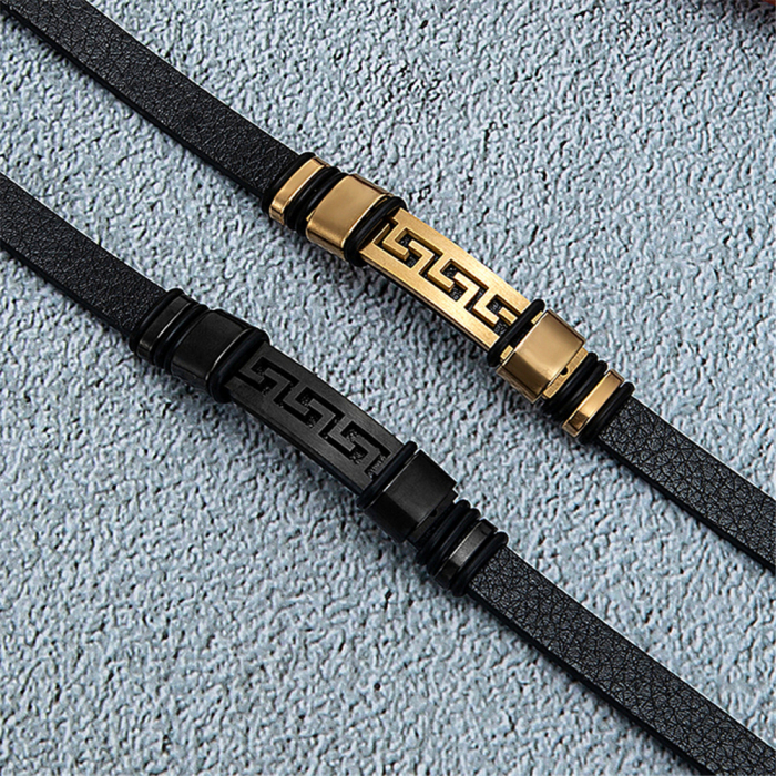 Bratara neagra din piele naturala cu placuta inox auriu [2]