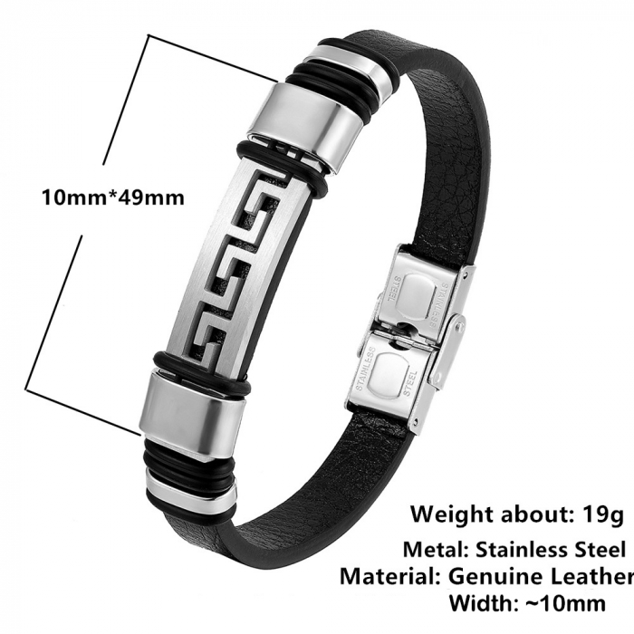 Bratara neagra din piele naturala cu placuta inox auriu [4]