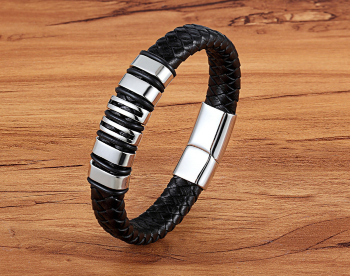 Bratara neagra din piele naturala si inox [3]