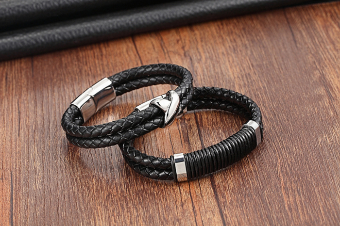 Bratara neagra din piele naturala si inox Factorul X [3]