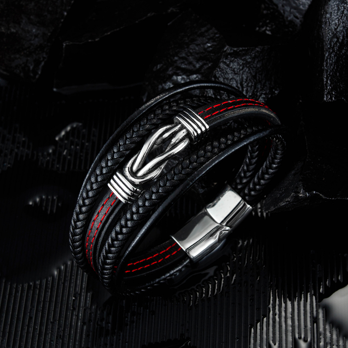 Bratara nod marinaresc din inox si piele neagra [2]