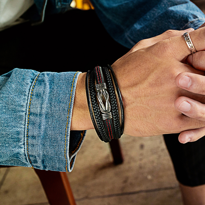 Bratara nod marinaresc din inox si piele neagra [8]