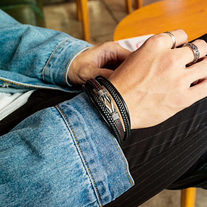 Bratara nod marinaresc din inox si piele neagra [5]