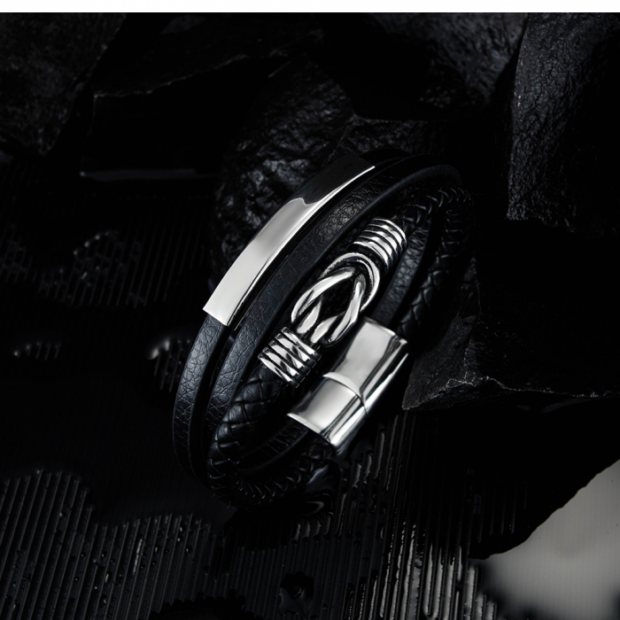 Bratara nod marinaresc din inox si piele neagra [12]
