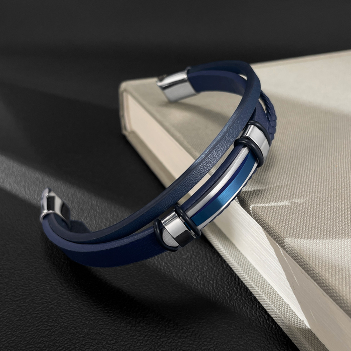 Bratara piele bleumarin si placuta inox cu insertie albastra – Eleganta moderna si rafinament masculin [5]