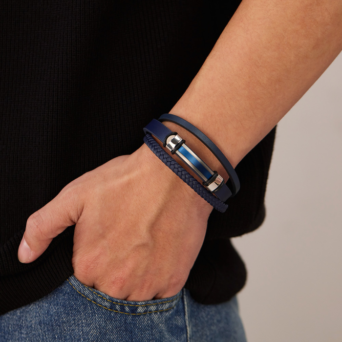 Bratara piele bleumarin si placuta inox cu insertie albastra – Eleganta moderna si rafinament masculin [6]