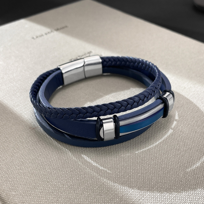 Bratara piele bleumarin si placuta inox cu insertie albastra – Eleganta moderna si rafinament masculin [14]