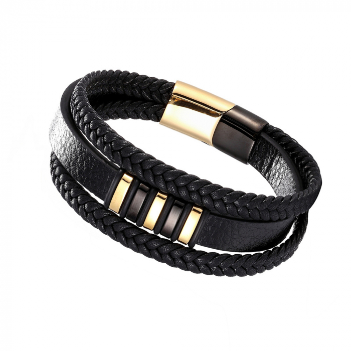 Bratara piele naturala cu elemente si inchizatoare din inox auriu [2]