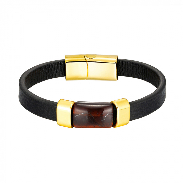 Bratara piele naturala cu Ochi de Tigru si inchizatoare din inox auriu [2]