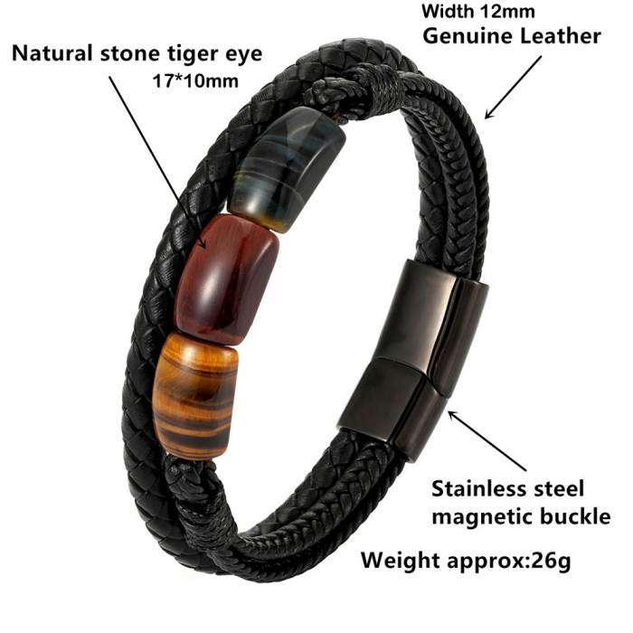 Bratara piele naturala cu Ochi de Tigru si inchizatoare din inox negru [2]