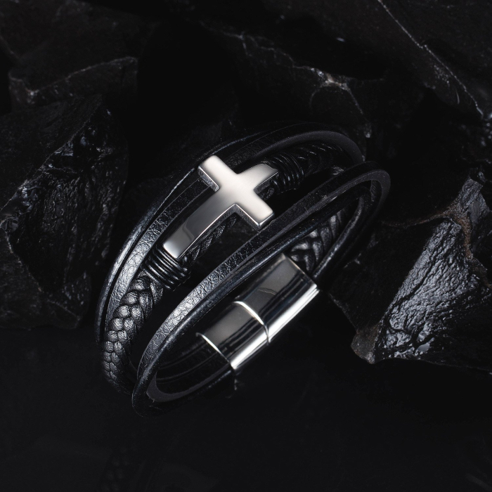 Bratara piele naturala impletita si cruce din inox [13]
