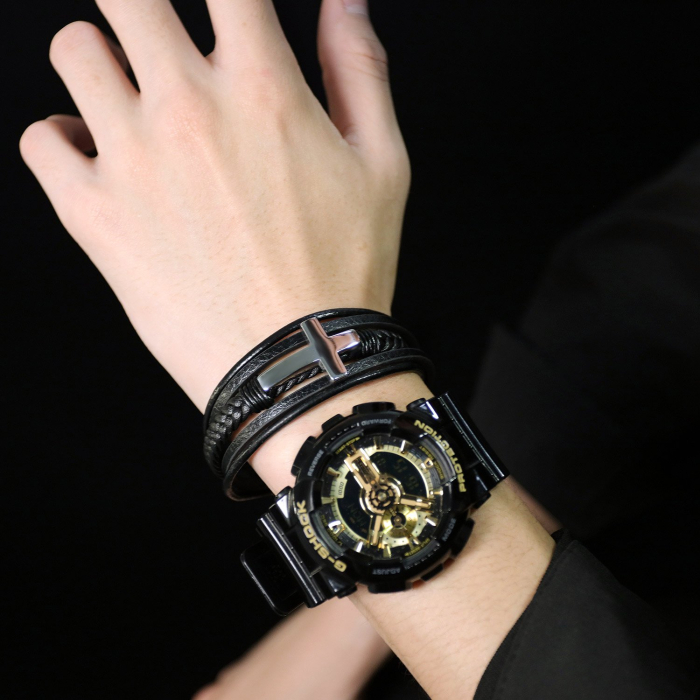 Bratara piele naturala impletita si cruce din inox [2]