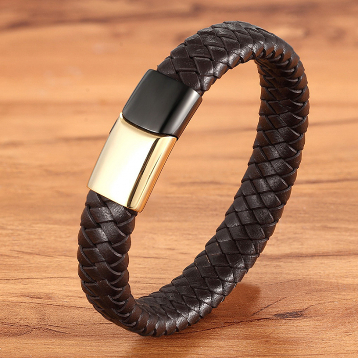 Bratara piele naturala maron si inox Duo Snake [4]