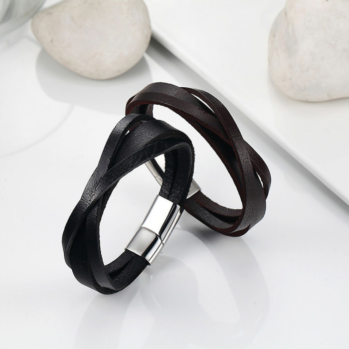 Bratara piele naturala neagra cu inchizatoare din inox [2]