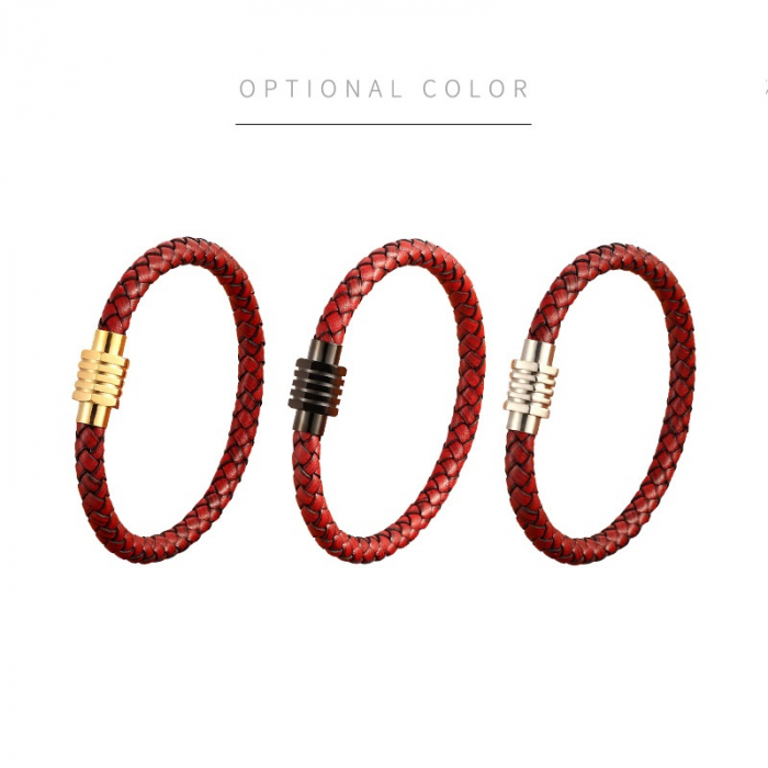 Bratara piele naturala rosie cu inchizatoare din inox negru [4]