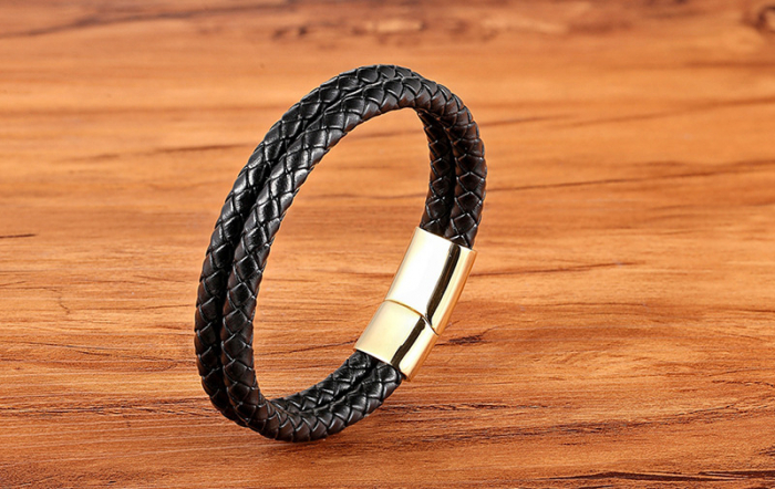 Bratara neagra dubla din piele naturala si inox [2]