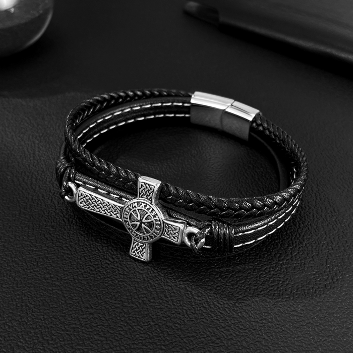 Bratara piele neagra cu cruce celtica din inox – Simbol al credintei si al fortei interioare [13]