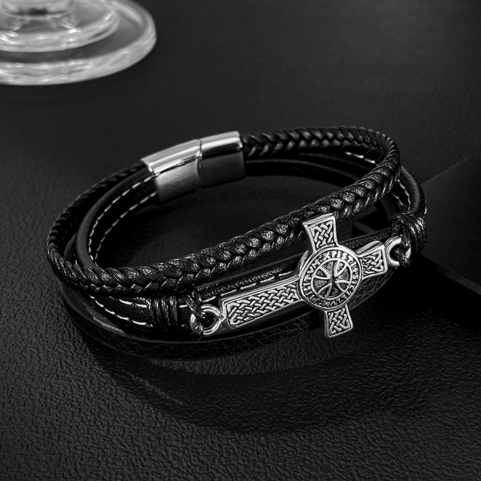 Bratara piele neagra cu cruce celtica din inox – Simbol al credintei si al fortei interioare [5]