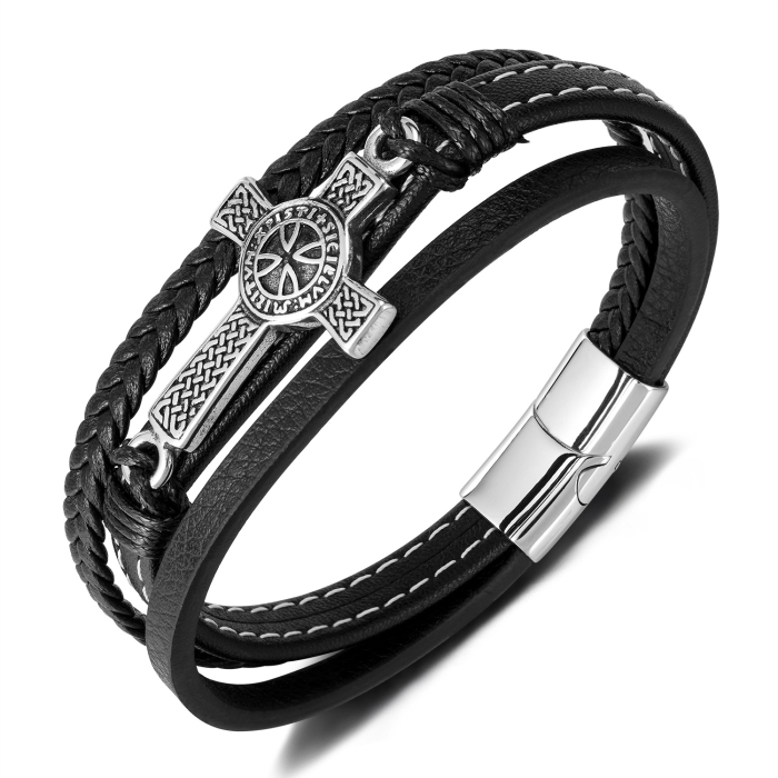 Bratara piele neagra cu cruce celtica din inox – Simbol al credintei si al fortei interioare [1]