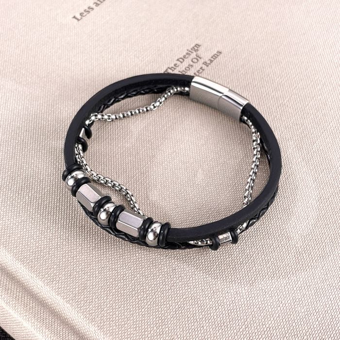 Bratara piele neagra cu lant inox si elemente metalice – Stil modern masculin [9]
