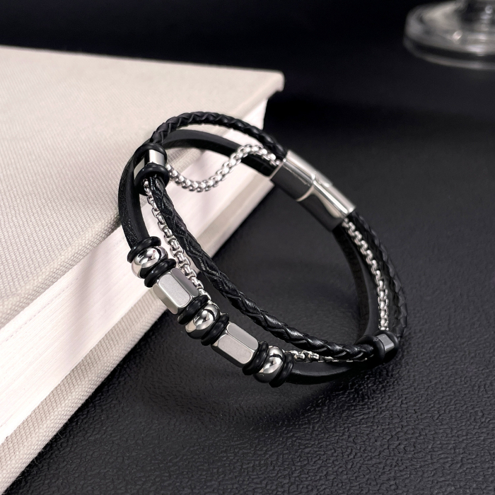 Bratara piele neagra cu lant inox si elemente metalice – Stil modern masculin [11]